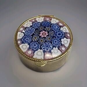 Vintage Italian Millefiori Glass Trinket/ Pill Box with Gilded Frame 1.5 Inch